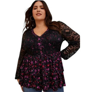 Torrid Lace Super Soft‎ Mix Tiered Button Down Top Size 0 0X